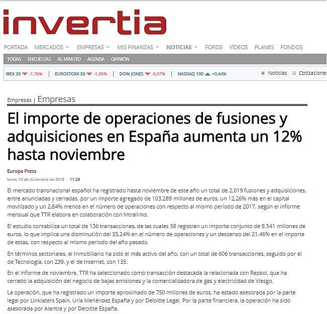 El importe de operaciones de fusiones y adquisiciones en Espaa aumenta un 12% hasta noviembre